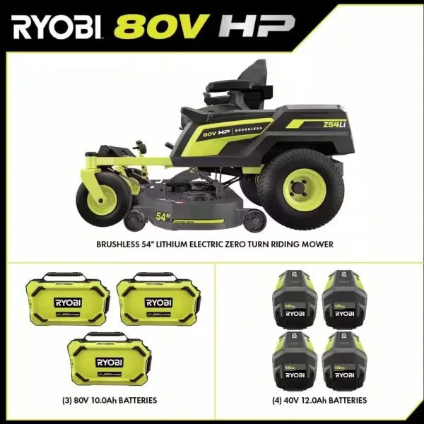 RYOBI 80V HP Brushless 54 in. Battery Electric Cordless Zero Turn Riding Mower (3) 80V Batteries (4) 40V Batteries and Charger - Image 3