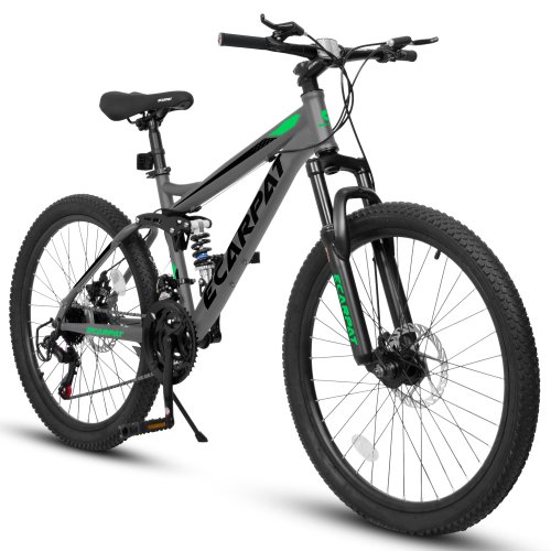 POWANLI 27.5Inch Mountain Bike Dual Full Suspension, Carbon Steel Frame Mountain Bike for Mens Womens, Go to School/Work with 21-Speed Disc Trail Commuter City Beach Snow Bicycles, Gift(Black+Green)